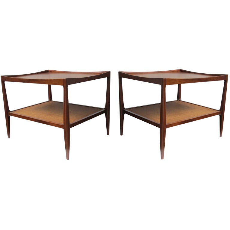 Drexel Heritage Mahogany Side Tables with Caned Shelves