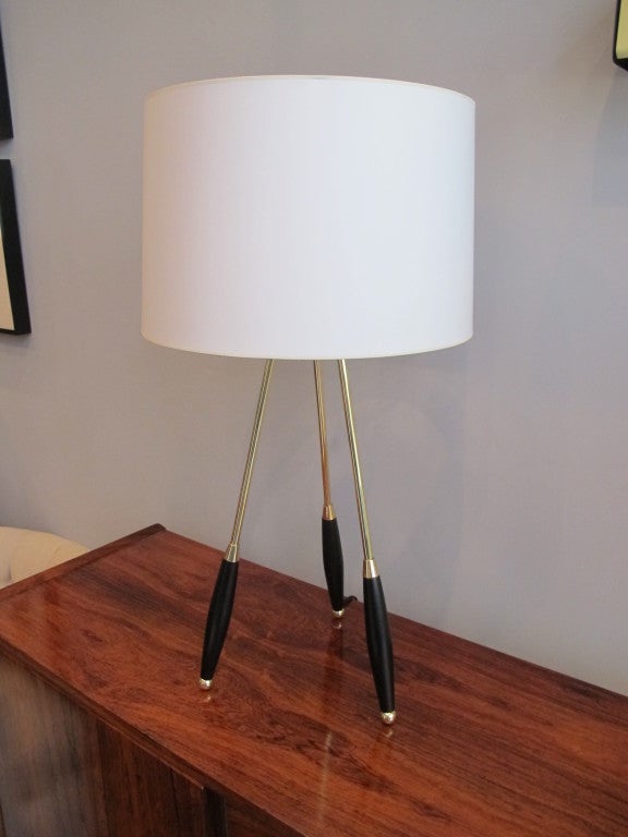 Brass and Ebonized Wood Tripod Lamp by Gerald Thurston