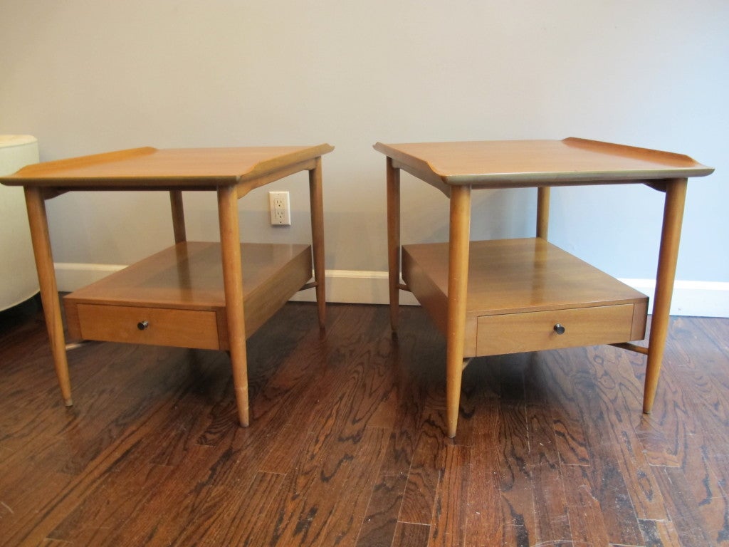 Pair of Walnut End Tables with Floating Drawers