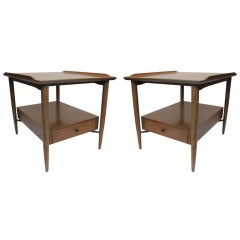 Pair of Walnut End Tables with Floating Drawers