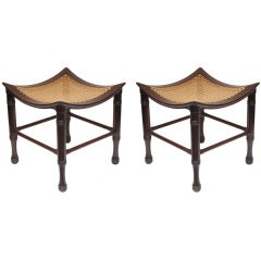 Pair of Mahogany Thebes Stools with Woven String Seats