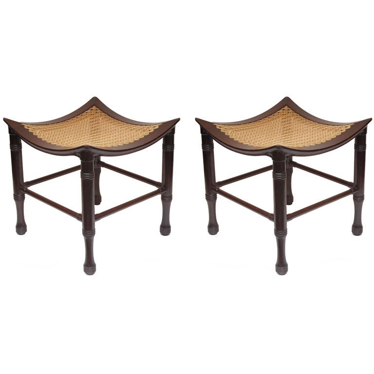 Pair of Mahogany Thebes Stools with Woven String Seats at 1stdibs