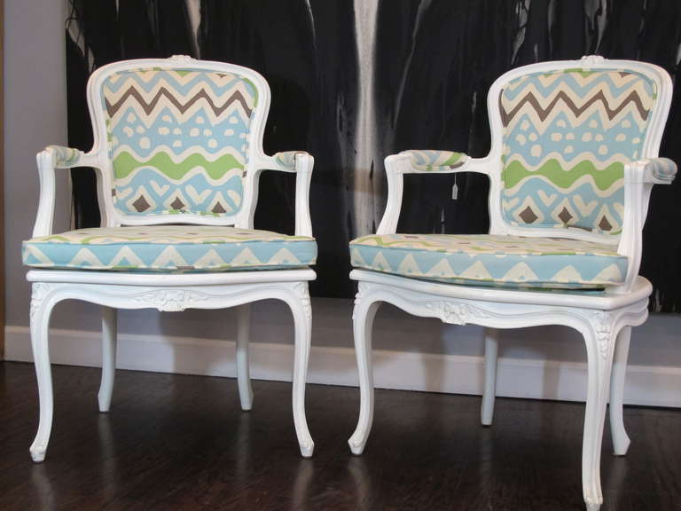 Pair of White Painted Fauteuils Upholstered in Alan Campbell Cotton