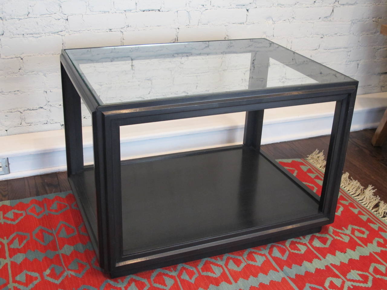 Pair of Black Lacquered Wood and Glass End Tables