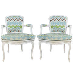 Retro Pair of White Painted Fauteuils Upholstered in Alan Campbell Cotton
