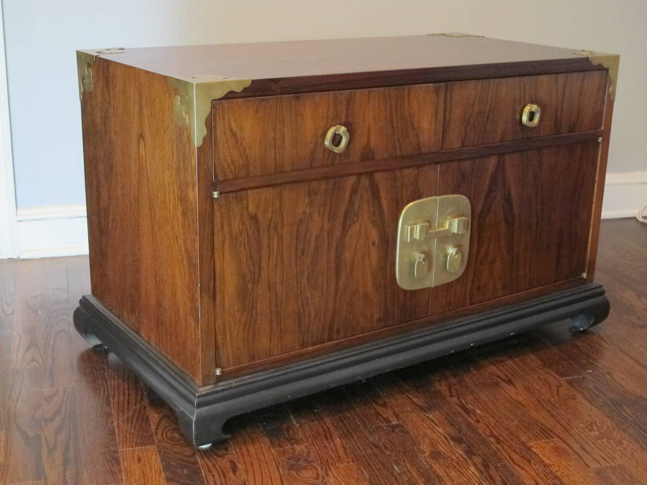 Low Rosewood Cabinet with Brass Mounts and Ebonized Base