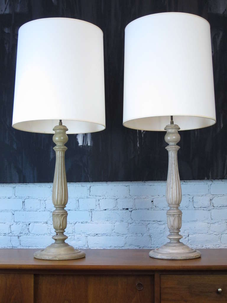 Pair of Ivory Painted Carved Wood Table Lamps