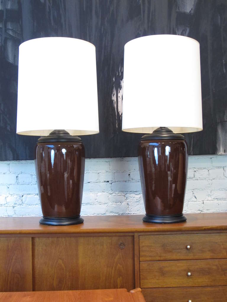 Pair of Large Brown Porcelain Table Lamps