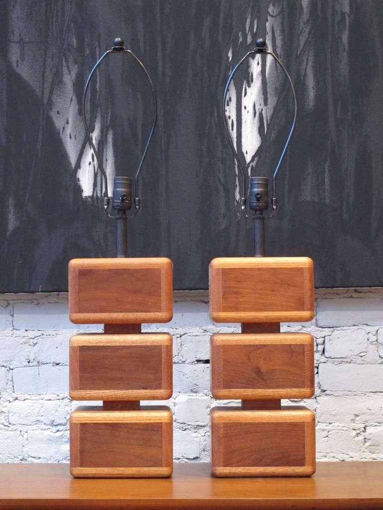 Pair of Oak and Walnut Stacked Table Lamps