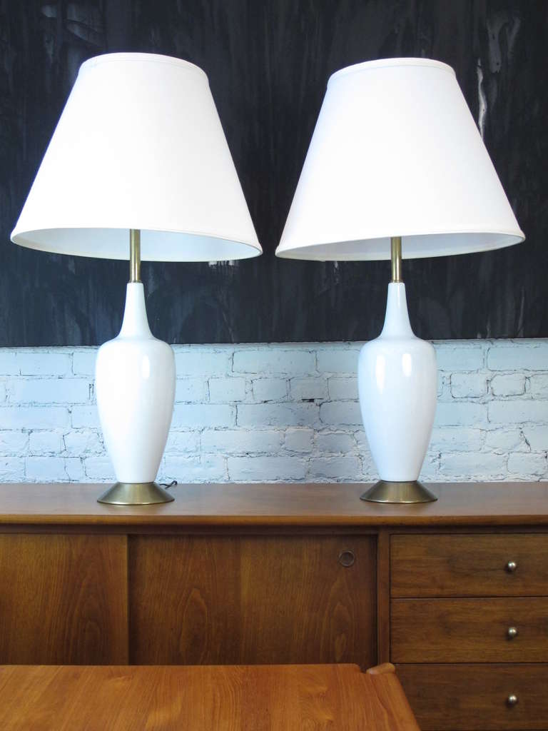 Pair of White Porcelain Table Lamps on Brass Bases