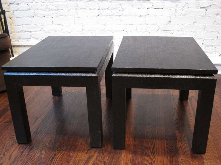 American Pair of Black Lacquered Linen Side Tables