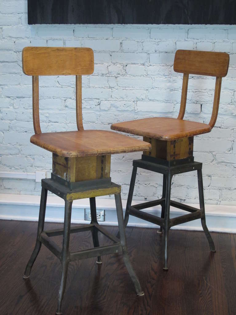 American Pair of Industrial Steel and Maple Adjustable Counter Stools
