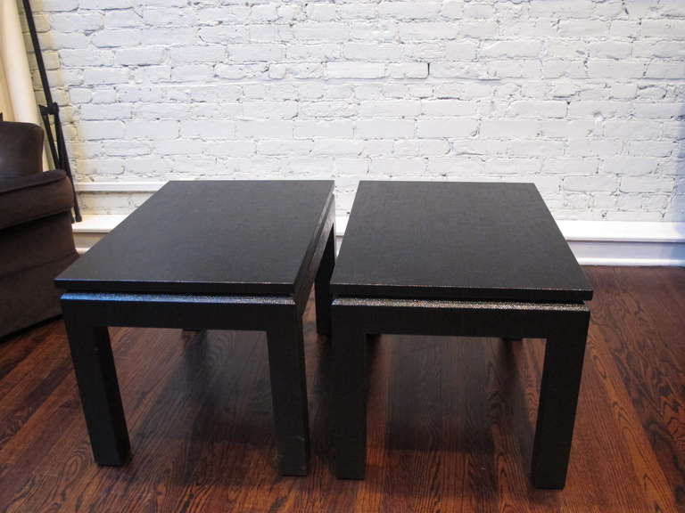 Pair of Black Lacquered Linen Side Tables In Excellent Condition In New York, NY