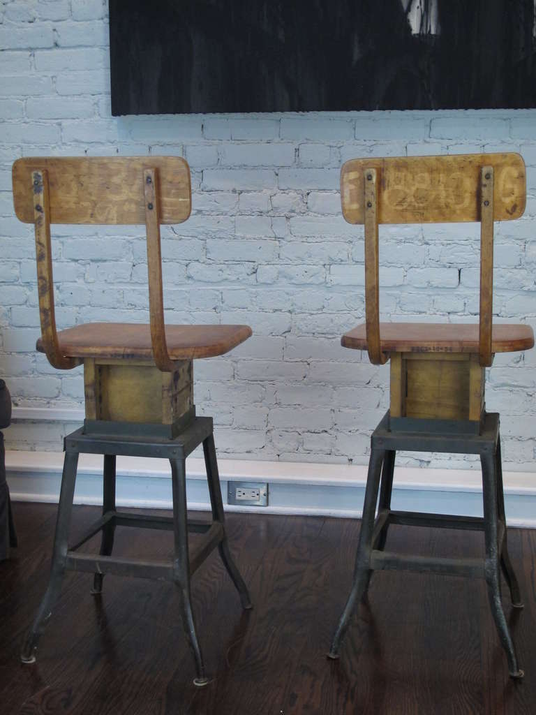 Pair of Industrial Steel and Maple Adjustable Counter Stools In Good Condition In New York, NY