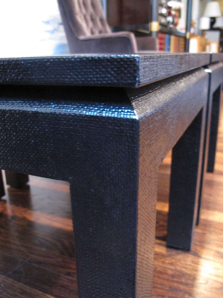 Late 20th Century Pair of Black Lacquered Linen Side Tables