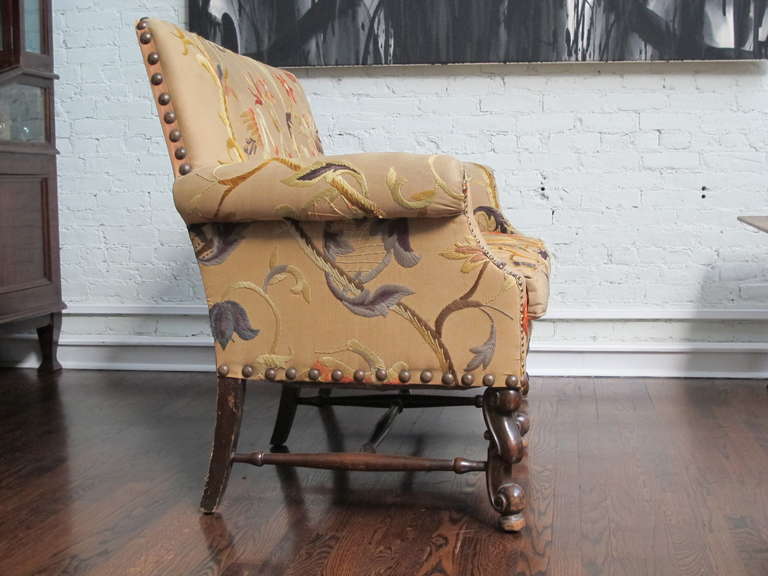 American Jacobean Style Settee with Vintage Crewel Upholstery For Sale