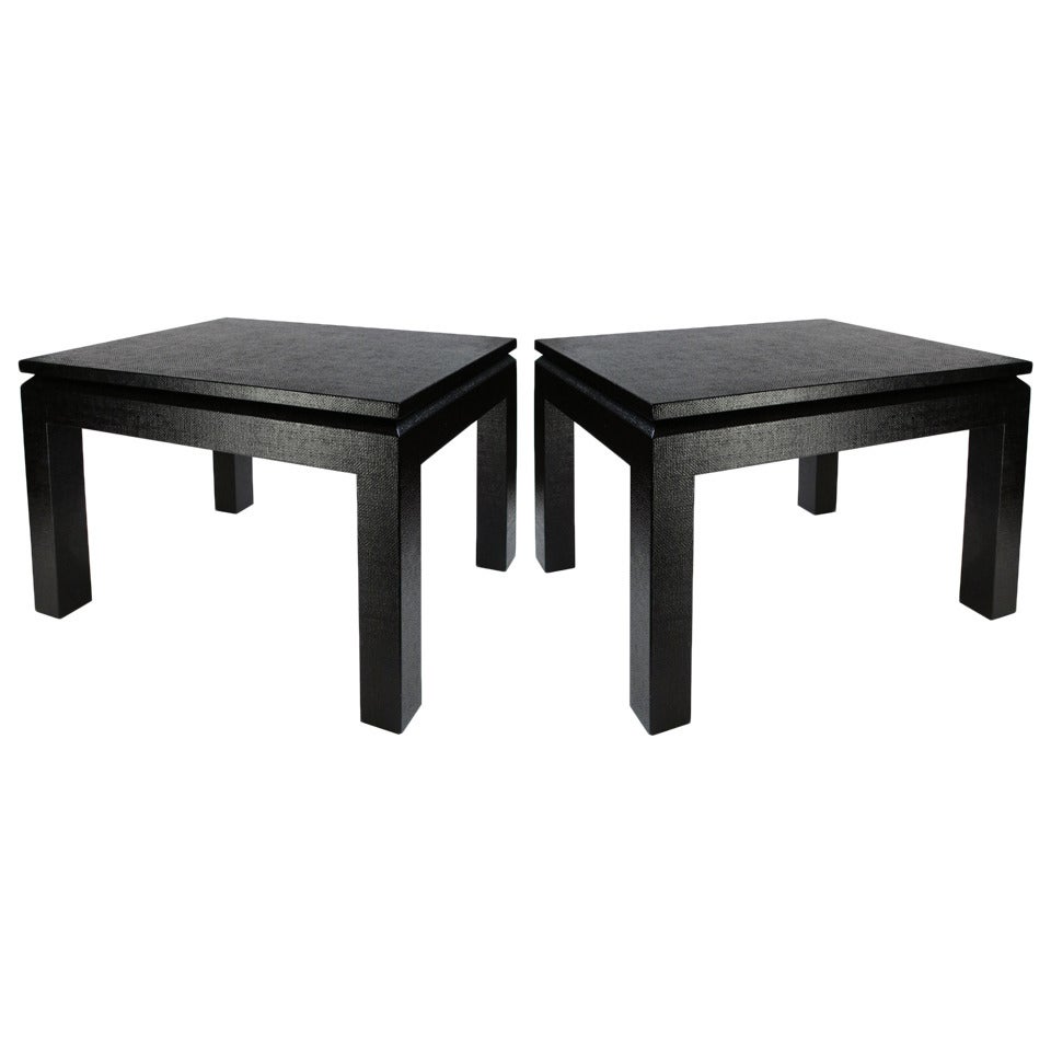 Pair of Black Lacquered Linen Side Tables