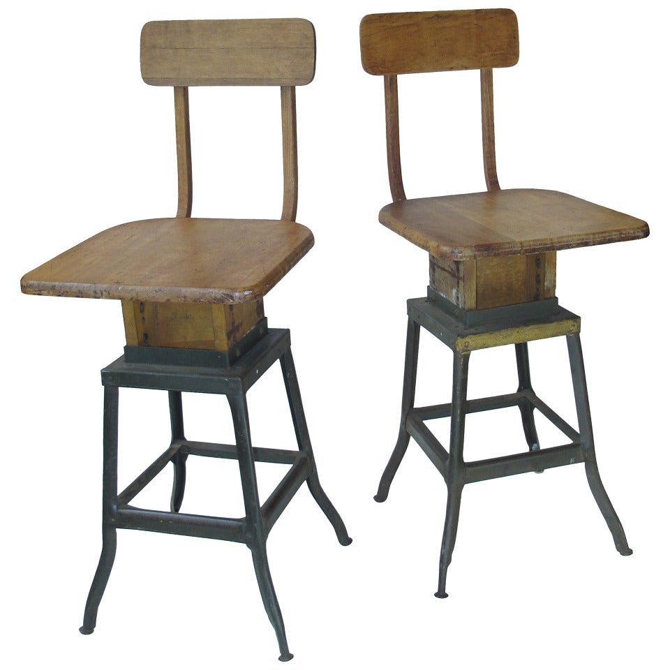 Pair of Industrial Steel and Maple Adjustable Counter Stools