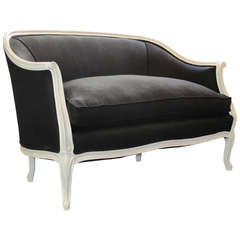 Pale Ivory Painted Louis XV Style Settee in Black Linen