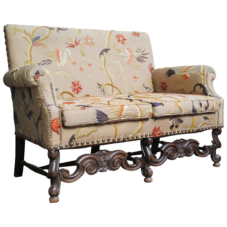 Jacobean Style Settee with Vintage Crewel Upholstery For Sale