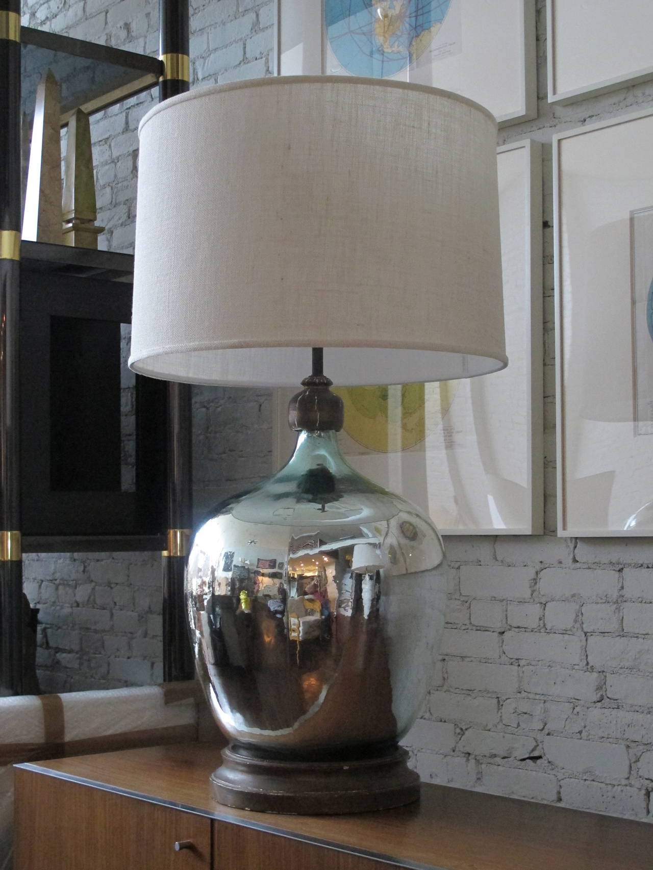 Monumental Pale Green Mercury Glass Demijohn Table Lamp