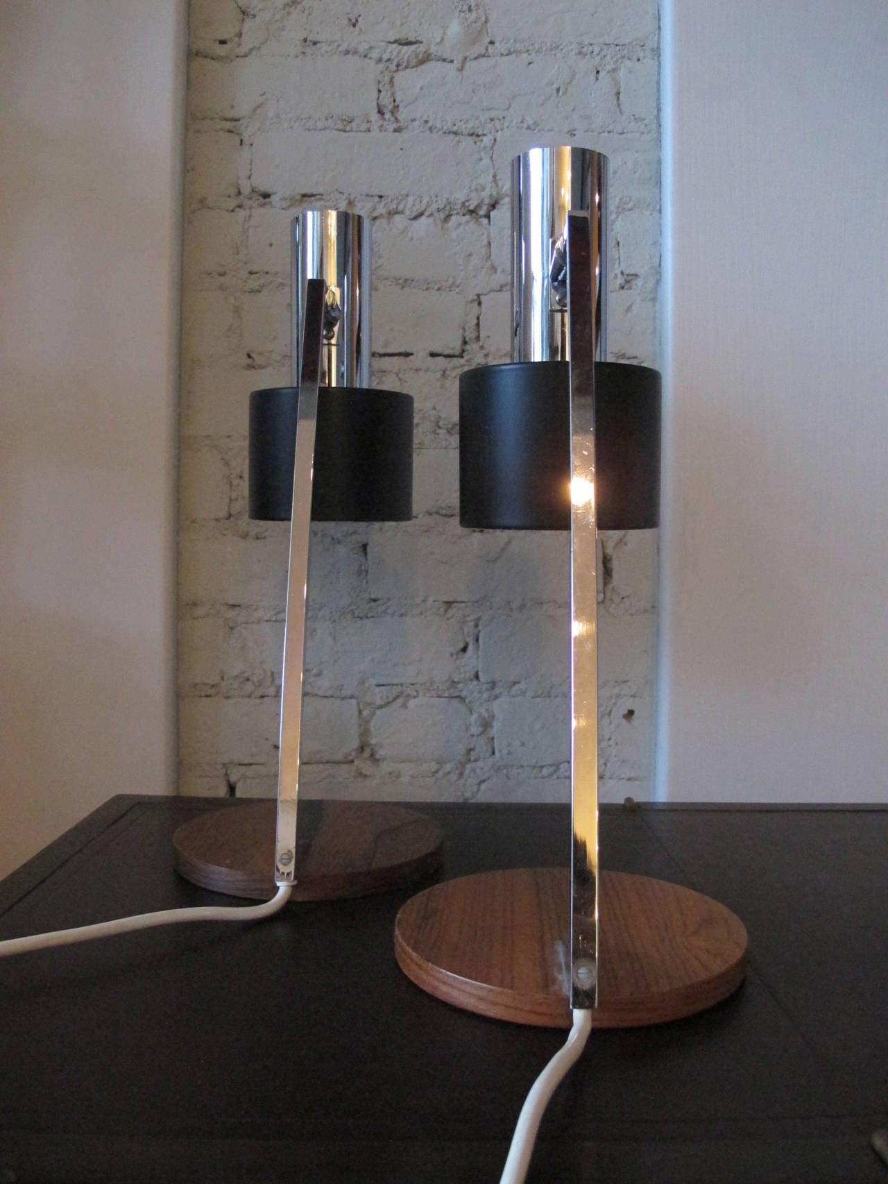 Danish Pair of Rosewood, Chrome and Black Steel Table Lamps