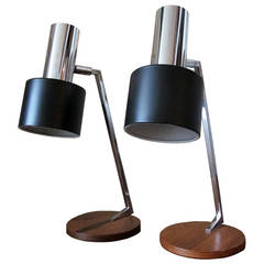 Pair of Rosewood, Chrome and Black Steel Table Lamps
