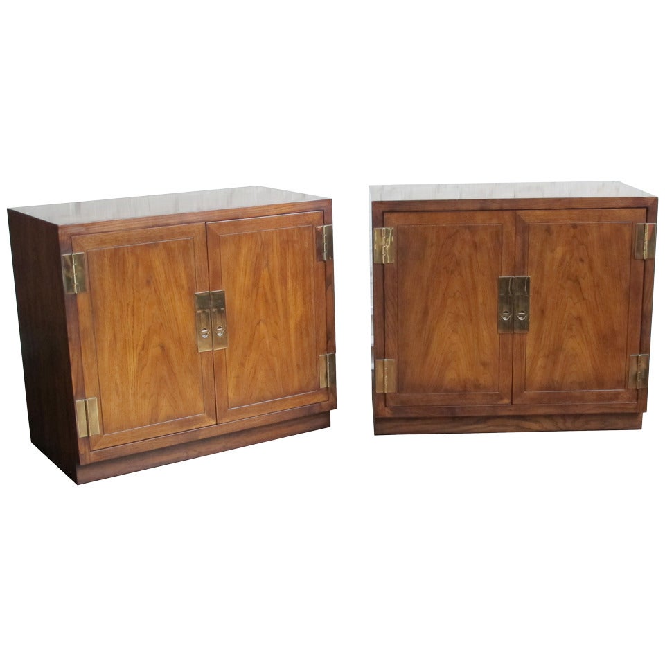 Pair of Campaign Style Oak Bedside Cabinets