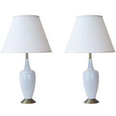 Pair of White Porcelain Table Lamps on Brass Bases