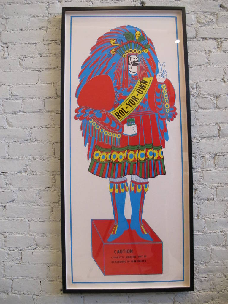 Vintage poster featuring the zig zag man as a psychedelic cigar Indian. Newly framed on acid free paper in a black painted wood frame, behind UV protective acrylic. Dimensions below are for frame, poster measures 21
