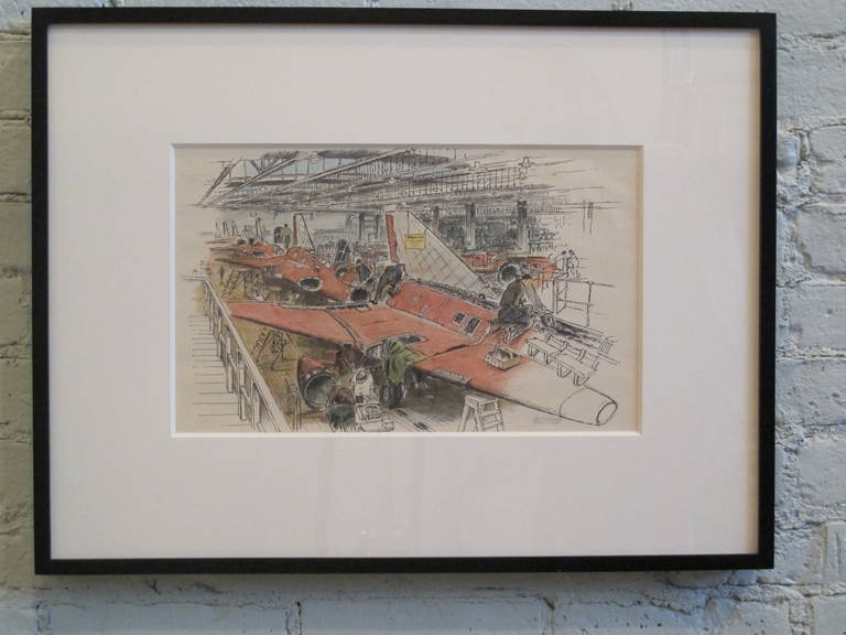 Vintage rendering of airplane factory. Newly framed in a black painted wood profile, with UV protective acrylic and acid-free mat. Dimensions below are for the frame; image measures 19