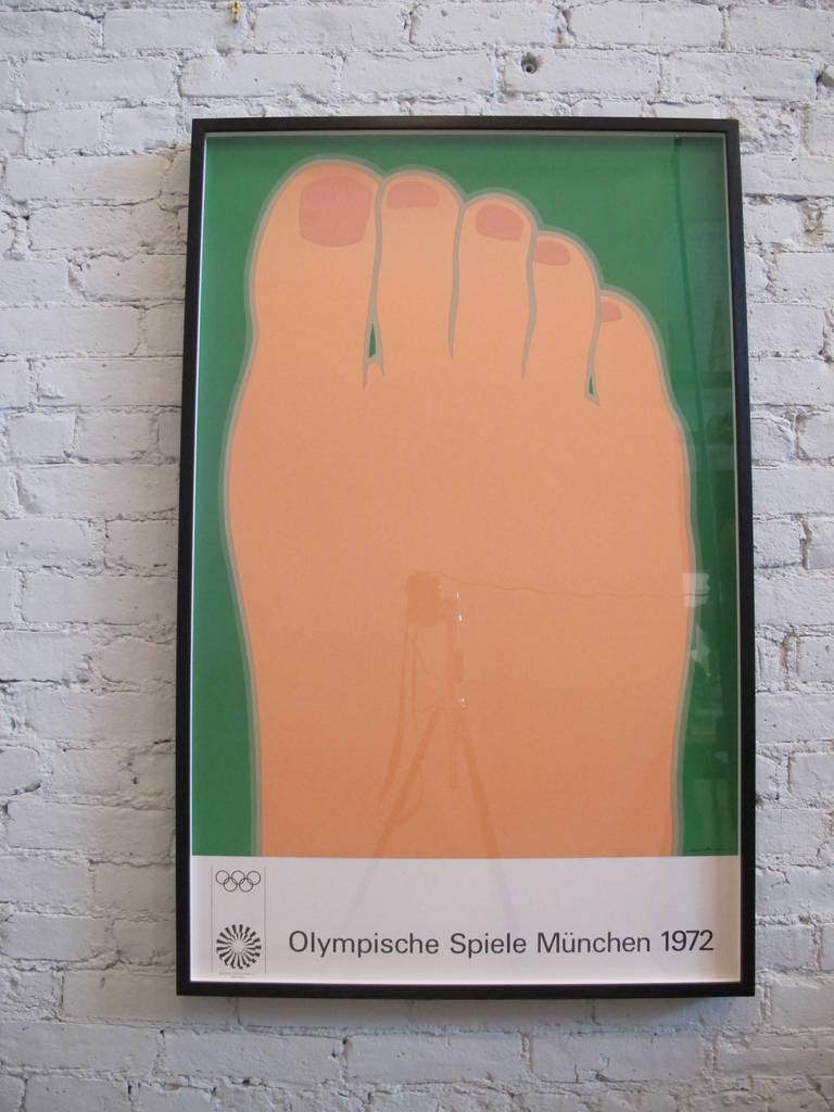 Period silkscreen poster for the 1972 Munich Olympics featuring an illustration by Tom Wesselmann. Newly framed in black painted wood, on acid-free board under UV protective acrylic. Dimensions below are for the frame; poster measures 24.5