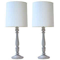 Pair of Ivory Painted Carved Wood Table Lamps