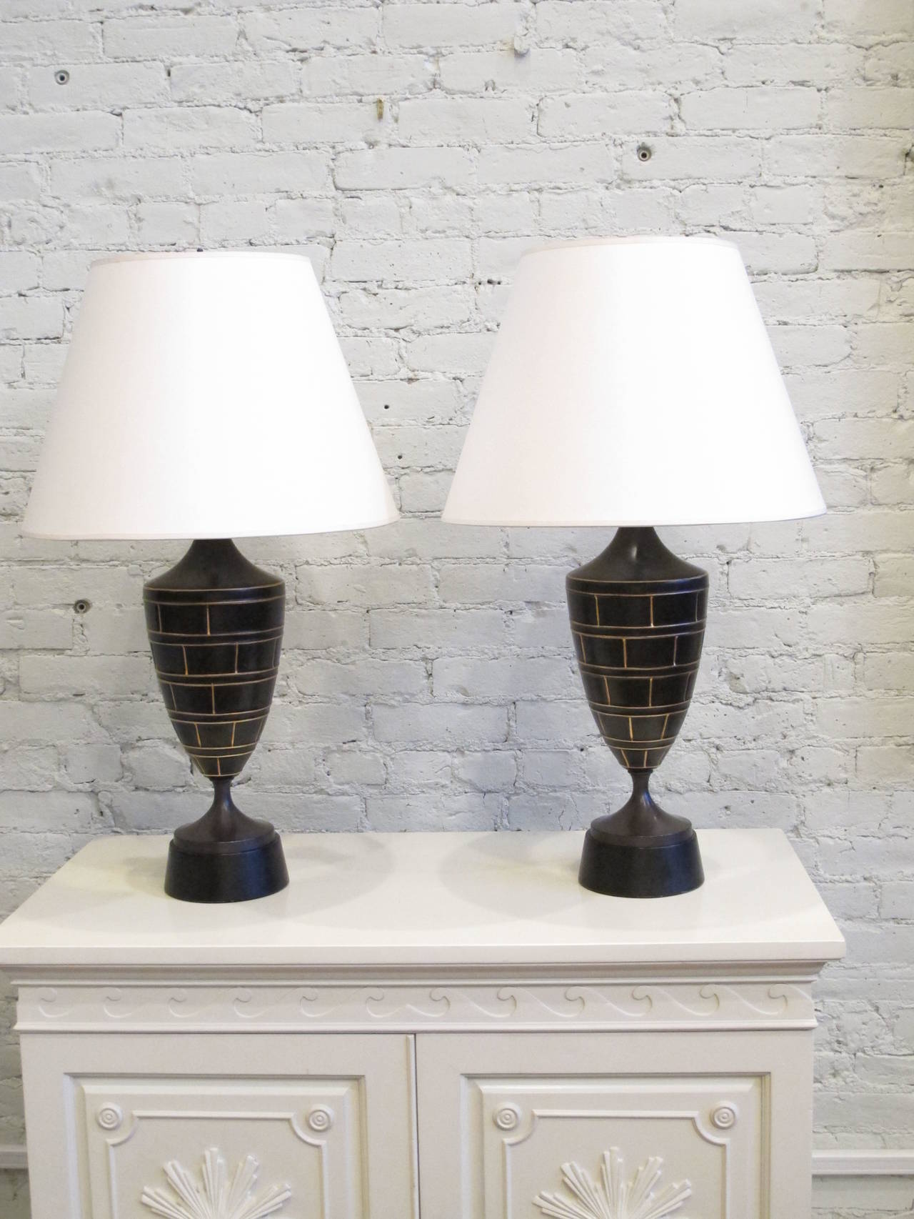 Pair of Neoclassical Style Black Ceramic Urn Lamps