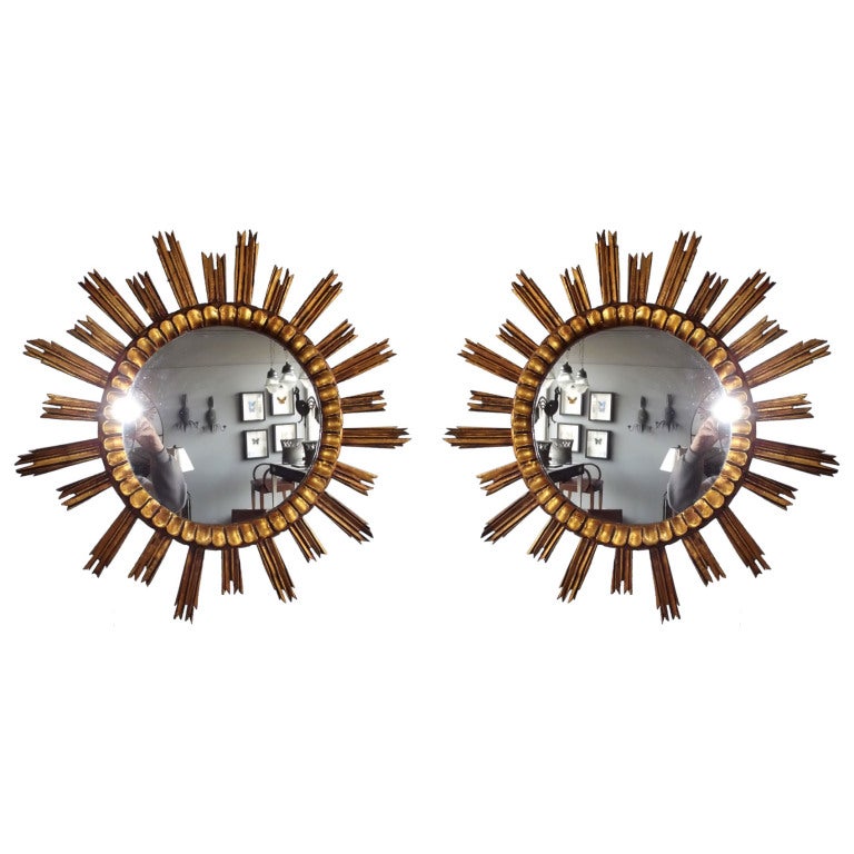 Pair of Wooden Sunburst Mirrors at 1stDibs
