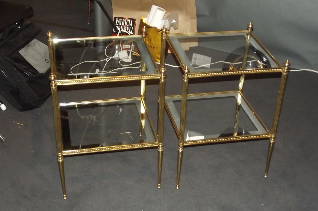 Pair of Brass End Tables w/ Mirror Trimmed Glass Tops