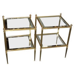 Pair of Brass End Tables w/ Mirror Trimmed Glass Tops