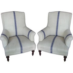 Pair of Napoleon III Armchairs in Antique Stripe Fabric