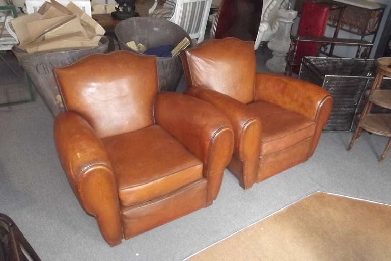 Pair of French Leather Club Chairs In Excellent Condition In Bridgehampton, NY