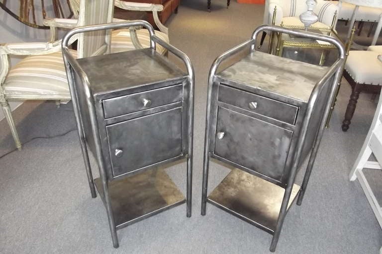 Industrial Pair of French Polished Steel Stands