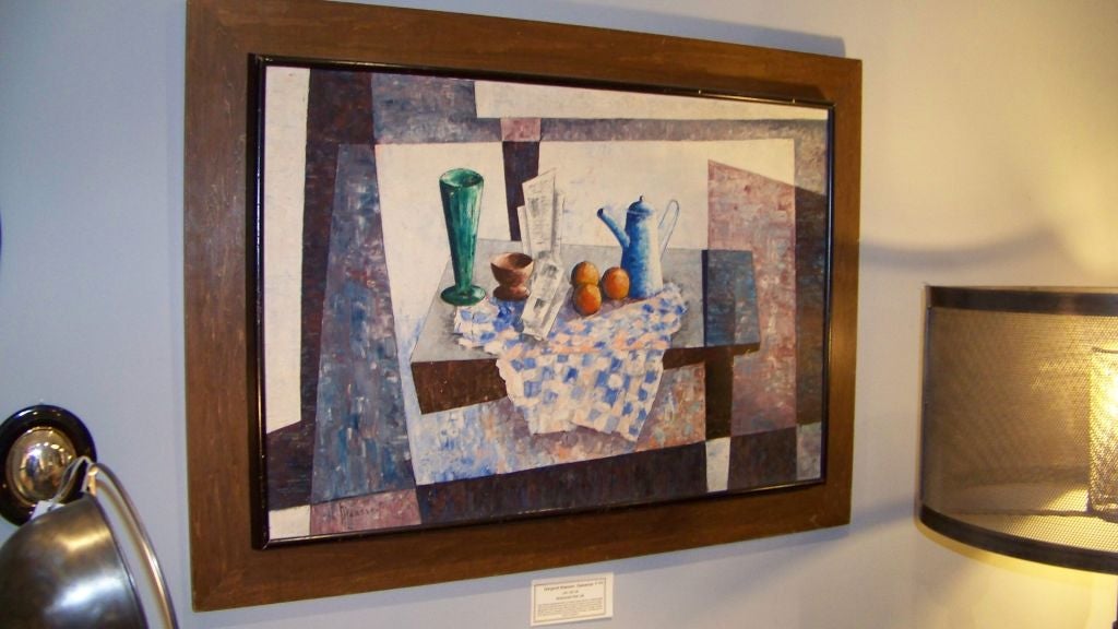 Margaret Maassen Baesemann Abstracted Still Life 1907-96 22x36 + frame $1500<br />
A very distinctive semi-abstract take on a common subject, still life on a checkered table cloth by an accomplished regional artist. She was most active at a time