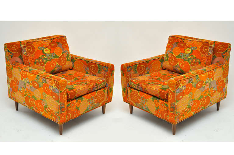 A pair of club chairs by Harvey Probber. Chairs are upholstered in fabulous vintage velvet fabric.