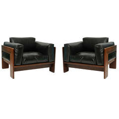 Pair of Bastiano Leather and Rosewood Chairs by Tobia Scarpa