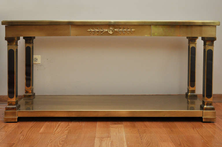 Vintage 1970s Mastercraft Console Table.  Table has a single drawer in front.  Beveled glass top.