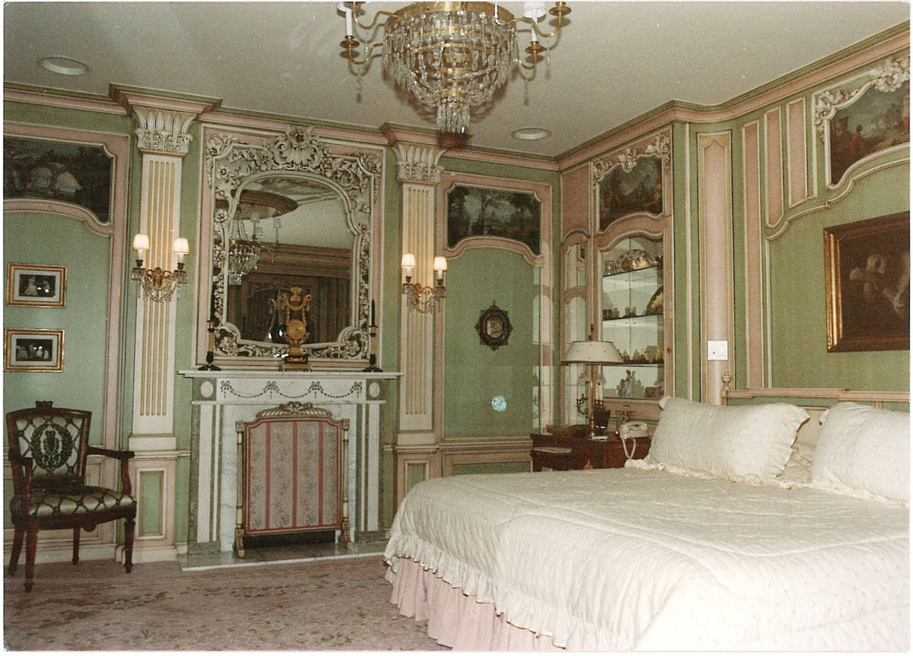 Rarely does such a complete and well preserved Louis XV French paneled boiseriere - master bedroom and sitting room  - survive.  These exceptional room structures include ten painted panels with classical Italian scenes, plus columns, and capitals,