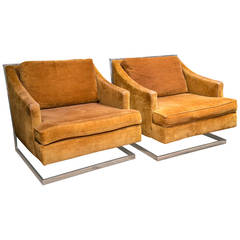 Chrome Cantilevered Milo Baughman Style Pair of Lounge Chairs
