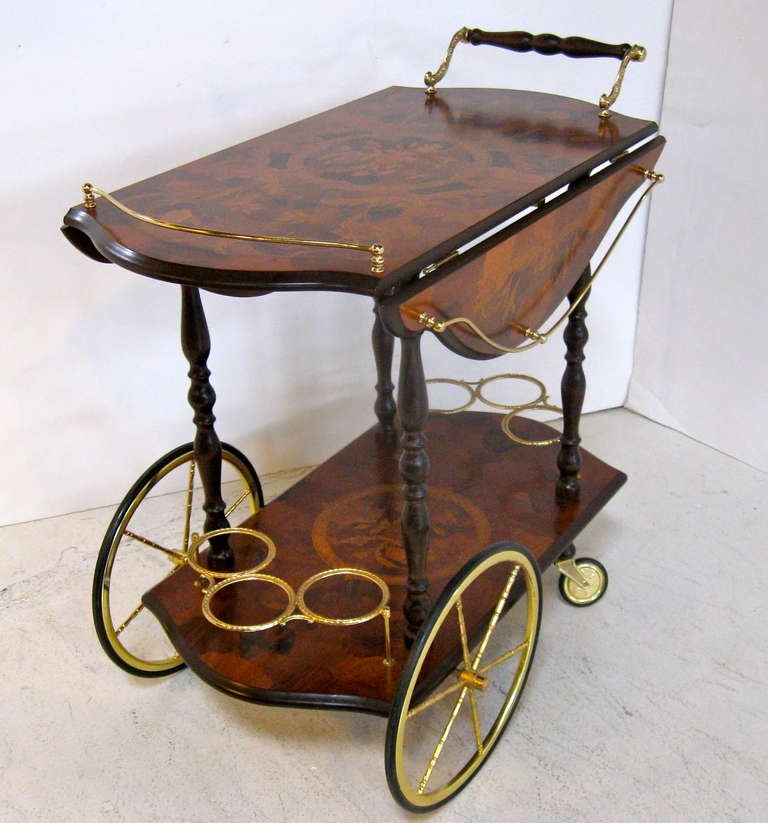 Drop Leaf Bar Cart with Marquetry Design In Good Condition In Stamford, CT
