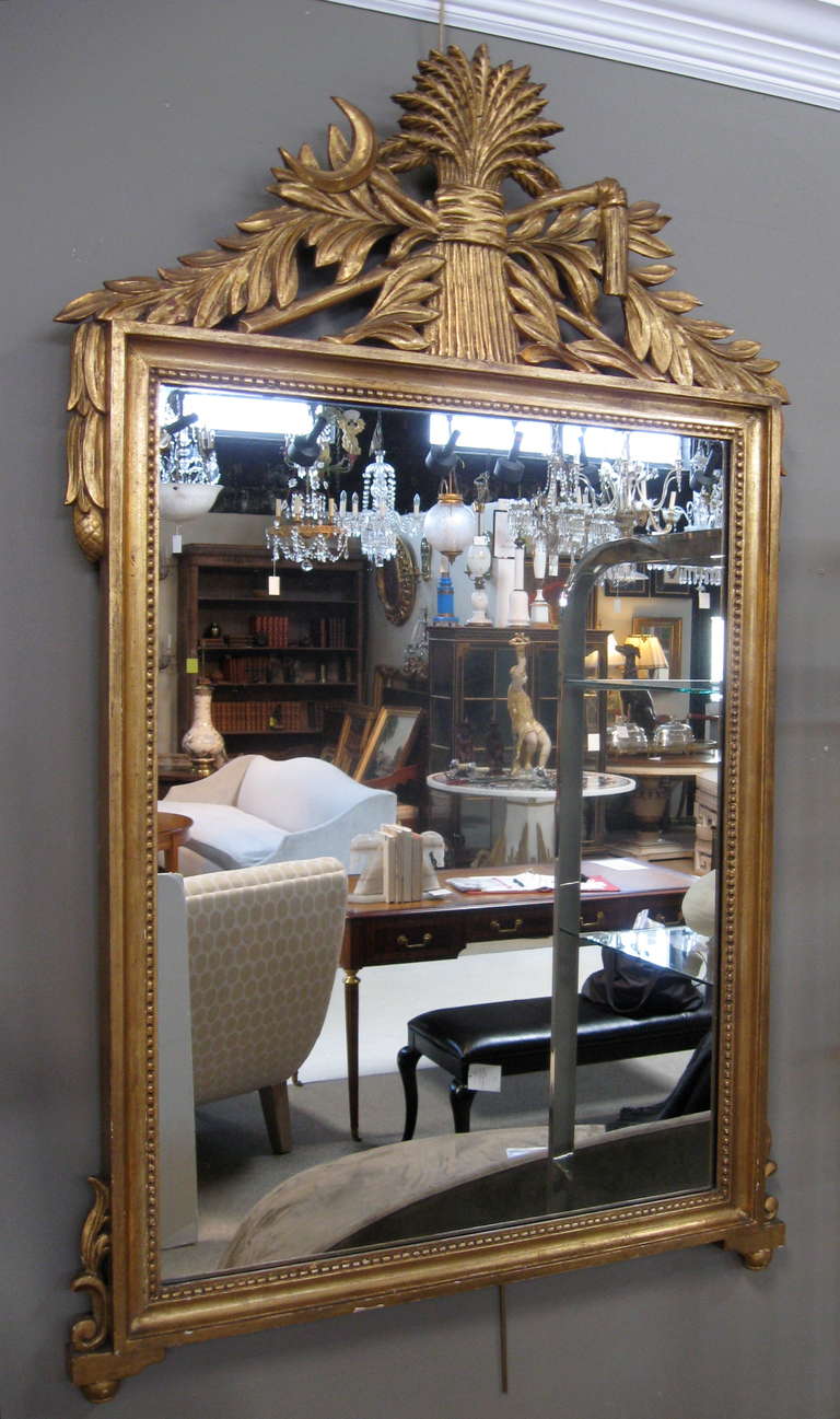 Elegant gilt wood mirror from Italy. Crest of mirror features a sheaf of wheat surrounded by leaves.