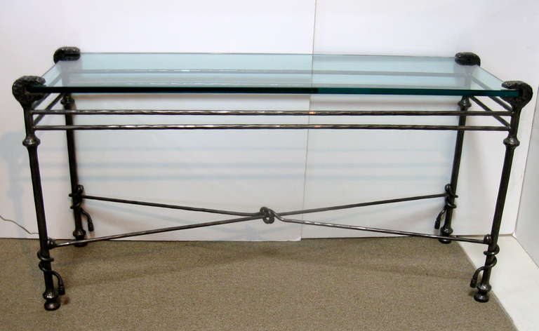 Hammered steel console / sofa table, with thick, fitted glass top.  Great detail on iron base, with a knotted, twisted rope design.