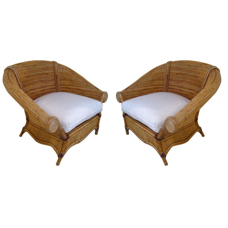 Pair of Reeded Wood and Bamboo Chairs For Sale